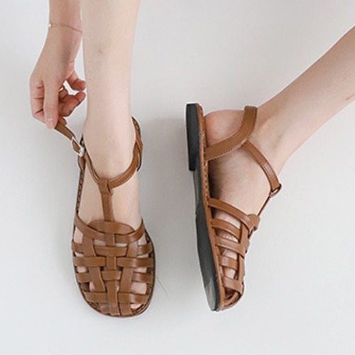 제나 위빙 메쉬 멀티 라인 티스트랩 스트랩 플랫 샌들 여름 데일리 슈즈 발이 편한 빈티지 캐주얼 가벼운 신발 1cm