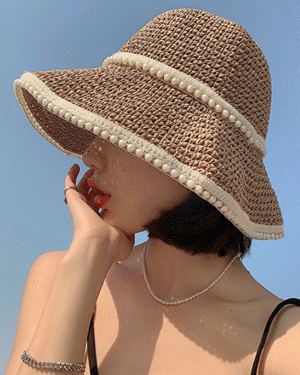 오드리 자외선 차단 햇빛 가리개 버킷햇 밀짚 왕골 라탄 진주 트리밍 휴양지룩 바캉스 비치 모자 챙넓은 빈티지 로맨틱 라피아햇 벙거지 여름 챙모자