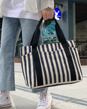 허드슨 캐주얼 캔버스 스트라이프 쇼퍼 천가방,텀블러 포켓 토트 사각 줄무늬 손가방 에코 숄더백