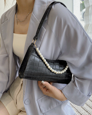 레베카 와니 패턴 미니 토트 핸드백 가방,엣지 사각 간편 데일리 가벼운 심플 러블리 진주 스트랩 장식 숄더백 손가방